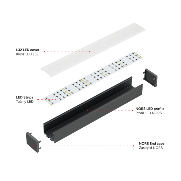 ll_38_1451_20_1 Perfíl Aluminio KIMERA-"NORS" Anodizado Negro con Difusor Opal , Tapones y Clips Sujección 2,02M