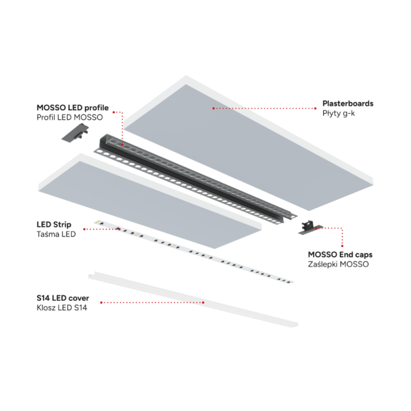 ll_38_1600_20_1 Perfíl Aluminio KIMERA-"MOSSO" Anodizado Plata con Difusor Opal , Tapones y Clips Sujección 2,02M