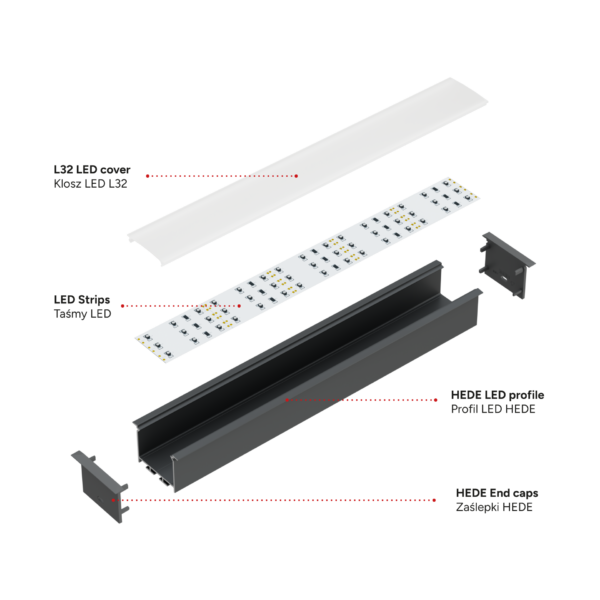 ll_38_1720_20_3 Perfíl Aluminio KIMERA-"HEDE" Anodizado Plata con Difusor Opal , Tapones y Clips Sujección 2,02M