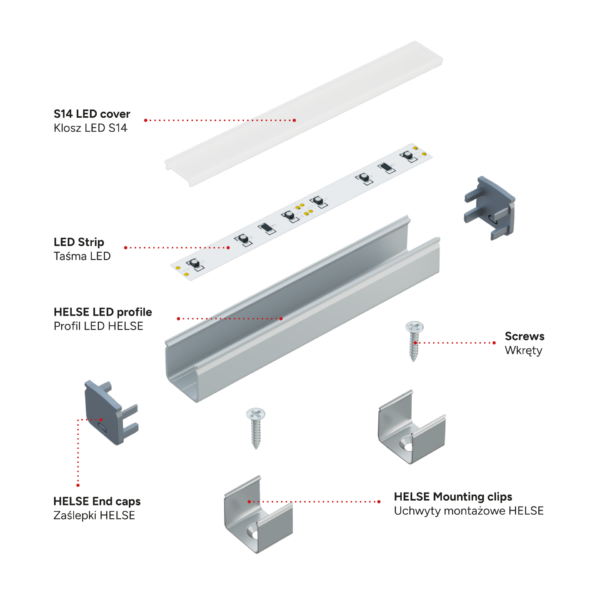 Perfíl Aluminio KIMERA-"HELSE" Anodizado Plata con Difusor Opal , Tapones y Clips Sujección 2,02M