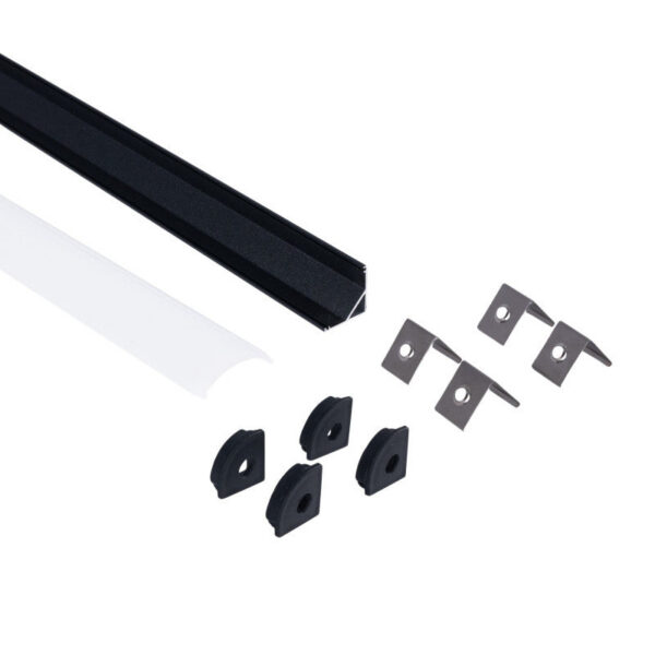 Perfíl Aluminio Negro para Tira LED Instalación Esquinas - Difusor Opal x 2M