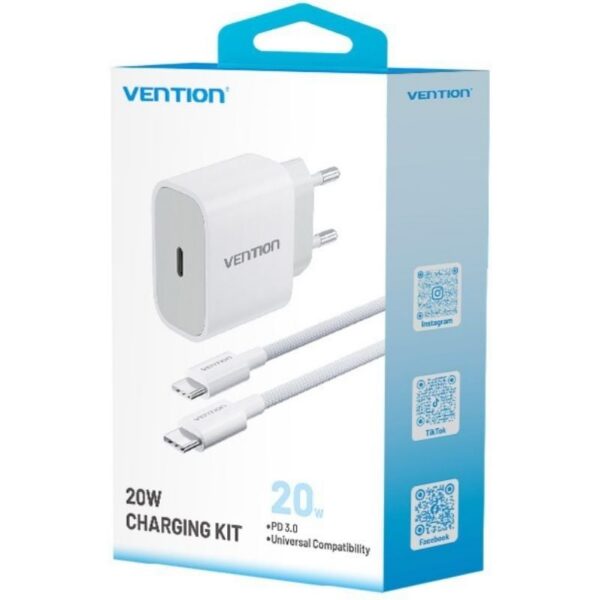 Cargador de Pared GaN Vention G12W0-EU/ 1xUSB Tipo-C + Cable USB Tipo-C/ 1xUSB/ 20W