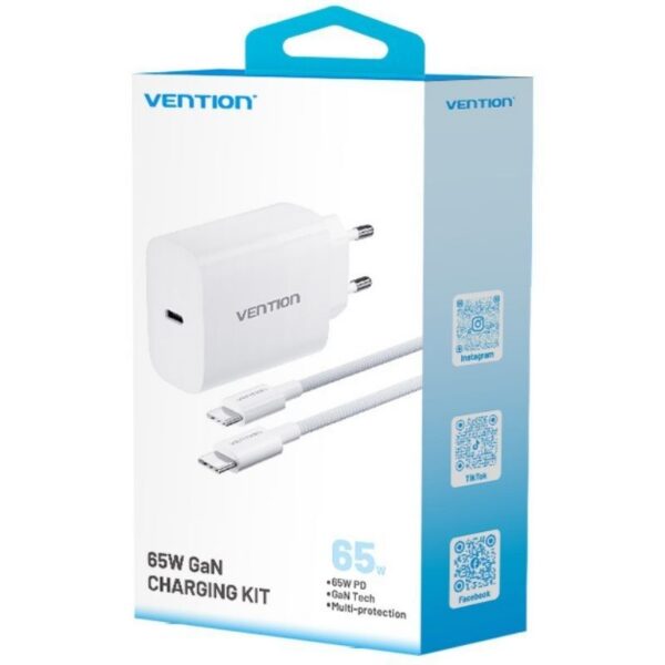 Cargador de Pared GaN Vention G14W0-EU/ 1xUSB Tipo-C + Cable USB Tipo-C/ 1xUSB/ 65W