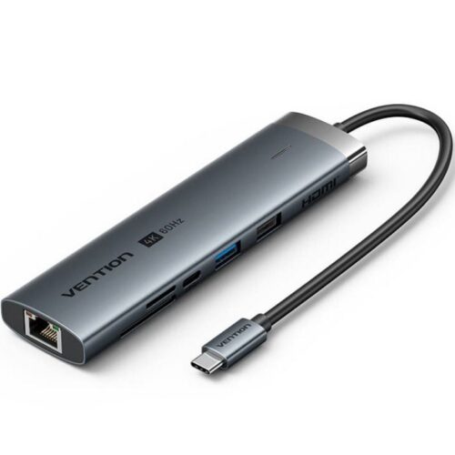 Docking USB Tipo-C Vention TGUHB/ RJ45/ 2xUSB/ 1xUSB Tipo-C/ 1xHDMI/ 1xUSB Tipo-C PD/ 1xLector de Tarjetas/ Gris