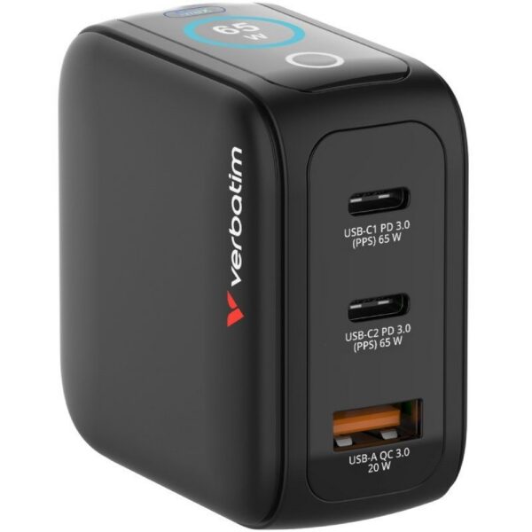 Cargador de Pared Universal GaN para Viaje Verbatim Mini GaN Charger Con Pantalla/ 2xUSB Tipo-C/ 1xUSB/ 65W