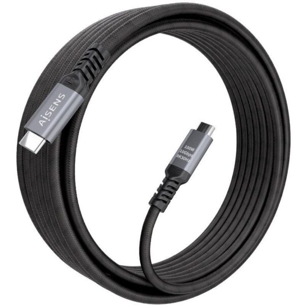 Cable USB 3.2 Tipo-C Aisens A107-0990/ USB Tipo-C Macho - USB Tipo-C Macho/ Hasta 100W/ 10Gbps/ 5m/ Negro