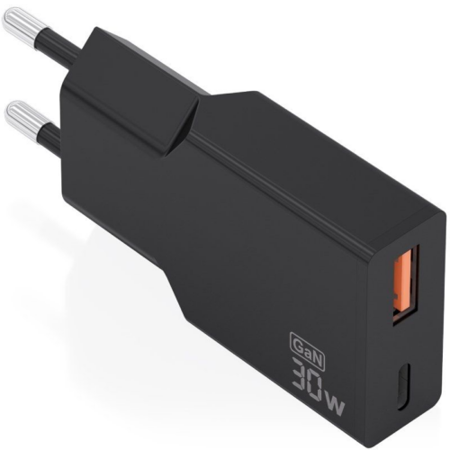 Cargador de Pared GaN Aisens A110-1005/ 1xUSB Tipo-C/ 1xUSB/ 30W/ Negro