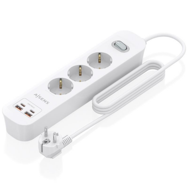 Regleta con Interruptor Aisens ASPS-2A2C10-W/ 3 Tomas de Corriente/ 2 USB - 2 USB Tipo-C/ Cable 1.4m/ Blanco
