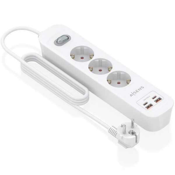 Regleta con Interruptor Aisens ASPS-2A2C10-W/ 3 Tomas de Corriente/ 2 USB - 2 USB Tipo-C/ Cable 1.4m/ Blanco