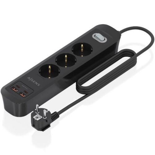 Regleta con Interruptor Aisens ASPS-2A2C11-BK/ 3 Tomas de Corriente/ 2 USB - 2 USB Tipo-C/ Cable 1.4m/ Negro