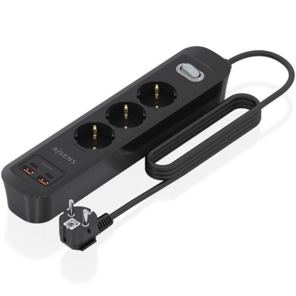 Regleta con Interruptor Aisens ASPS-2A2C11-BK/ 3 Tomas de Corriente/ 2 USB - 2 USB Tipo-C/ Cable 1.4m/ Negro