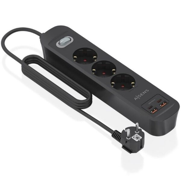 Regleta con Interruptor Aisens ASPS-2A2C11-BK/ 3 Tomas de Corriente/ 2 USB - 2 USB Tipo-C/ Cable 1.4m/ Negro