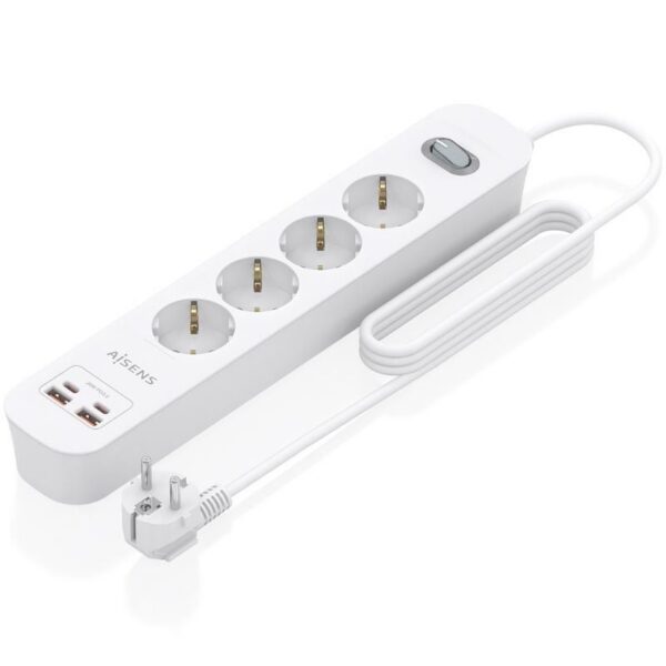 Regleta con Interruptor Aisens ASPS-2A2C12-W/ 4 Tomas de Corriente/ 2 USB - 2 USB Tipo-C/ Cable 1.4m/ Blanco