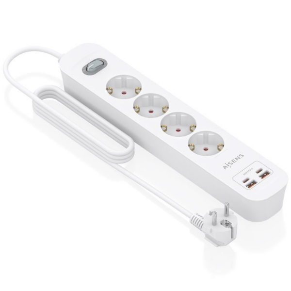 Regleta con Interruptor Aisens ASPS-2A2C12-W/ 4 Tomas de Corriente/ 2 USB - 2 USB Tipo-C/ Cable 1.4m/ Blanco