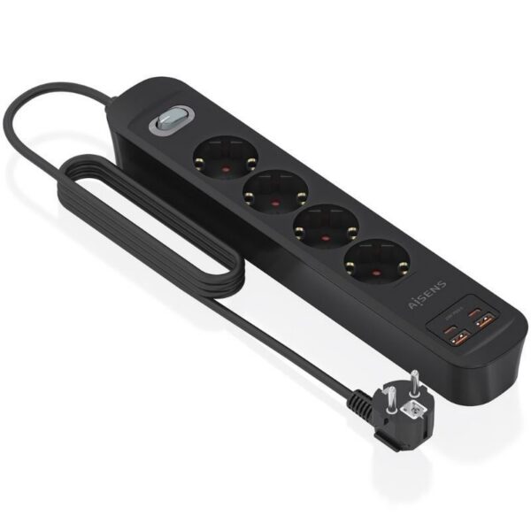Regleta con Interruptor Aisens ASPS-2A2C13-BK/ 4 Tomas de Corriente/ 2 USB - 2 USB Tipo-C/ Cable 1.4m/ Negro