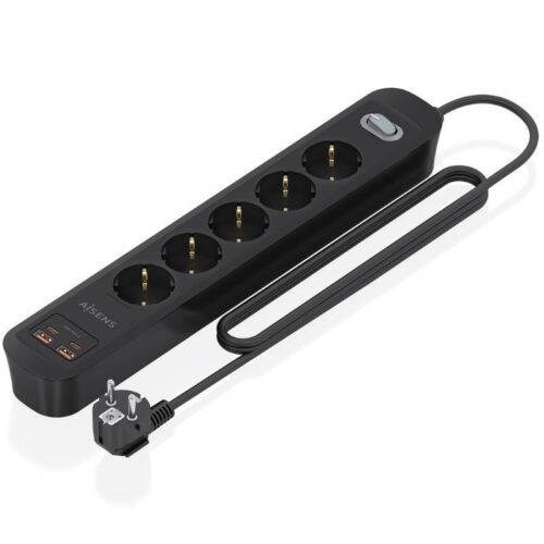 Regleta con Interruptor Aisens ASPS-2A2C15-BK/ 5 Tomas de Corriente/ 2 USB - 2 USB Tipo-C/ Cable 1.4m/ Negro