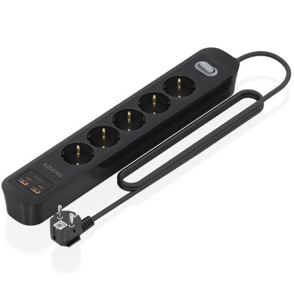 Regleta con Interruptor Aisens ASPS-2A2C15-BK/ 5 Tomas de Corriente/ 2 USB - 2 USB Tipo-C/ Cable 1.4m/ Negro