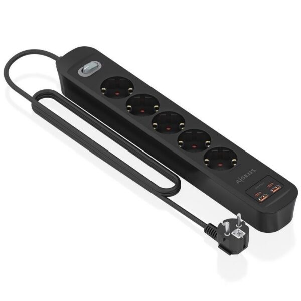 Regleta con Interruptor Aisens ASPS-2A2C15-BK/ 5 Tomas de Corriente/ 2 USB - 2 USB Tipo-C/ Cable 1.4m/ Negro