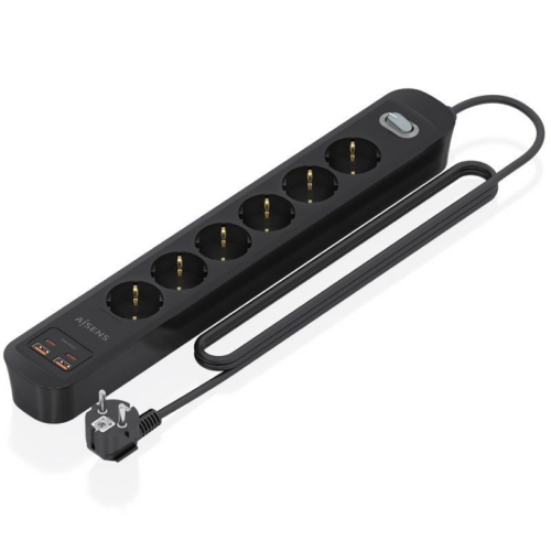 Regleta con Interruptor Aisens ASPS-2A2C17-BK/ 6 Tomas de Corriente/ 2 USB - 2 USB Tipo-C/ Cable 1.4m/ Negro