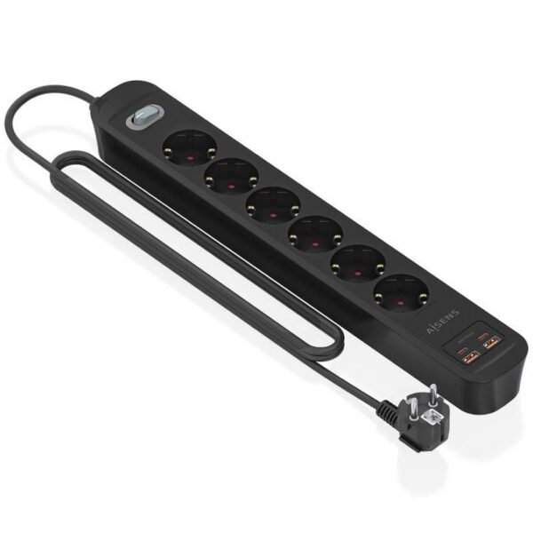 Regleta con Interruptor Aisens ASPS-2A2C17-BK/ 6 Tomas de Corriente/ 2 USB - 2 USB Tipo-C/ Cable 1.4m/ Negro