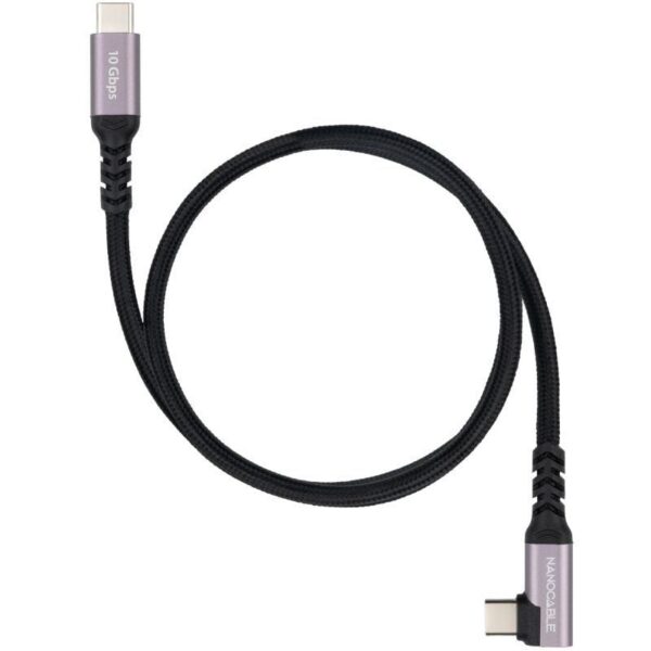 Cable USB 3.2 Tipo-C Acodado Nanocable 10.01.4700/ USB Tipo-C Macho - USB Tipo-C Macho/ Hasta 100W/ 10Gbps/ 50cm/ Negro