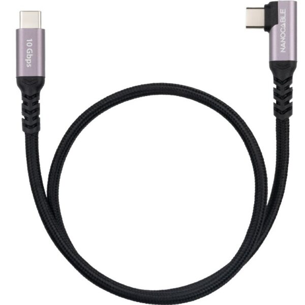 Cable USB 3.2 Tipo-C Acodado Nanocable 10.01.4701/ USB Tipo-C Macho - USB Tipo-C Macho/ Hasta 100W/ 10Gbps/ 1m/ Negro