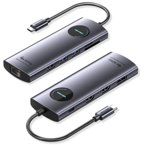 Docking USB Tipo-C Vention TQWHB/ 2xHDMI 4K/ 1xDisplayPort/ 3xUSB/ 1xUSB Tipo-C PD/ 1xRJ45/ 1xLector Tarjetas/ Gris