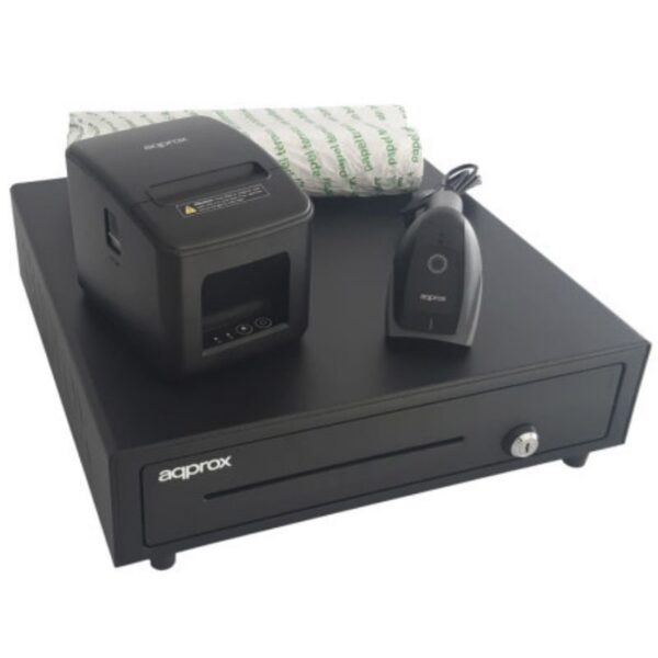 Pack Approx appPOSPACK4180LAN-2D Cajón Portamonedas/ Impresora Térmica/ Lector de Códigos y Rollos Térmicos