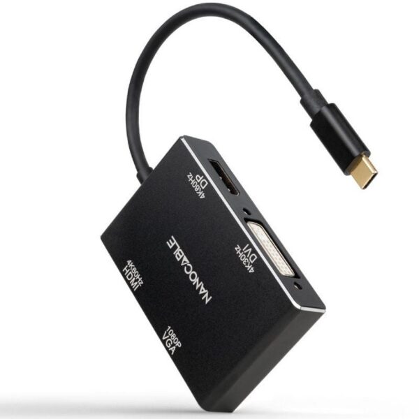 art_nan-adp20102016204307_1 Conversor Nanocable 10.16.4307/ USB Tipo-C Macho - VGA Hembra/ DVI Hembra/ HDMI Hembra/ DisplayPort Hembra/ 10cm/ Negro