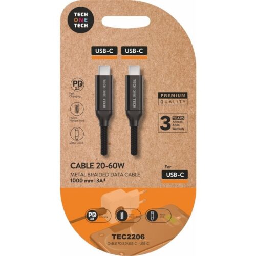 Cable USB 2.0 Tipo-C Tech One Tech TEC2206/ USB Tipo-C Macho - USB Tipo-C Macho/ Hasta 60W/ 480Mbps/ 1m/ Negro