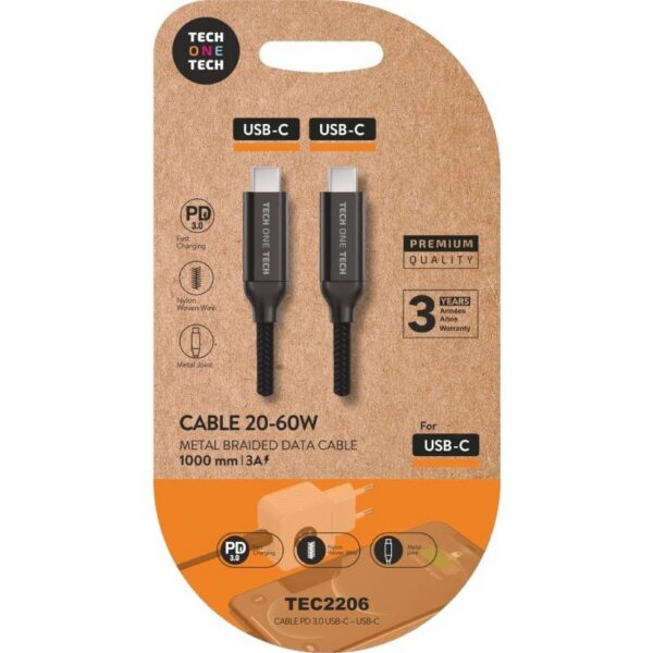 Cable USB 2.0 Tipo-C Tech One Tech TEC2206/ USB Tipo-C Macho - USB Tipo-C Macho/ Hasta 60W/ 480Mbps/ 1m/ Negro