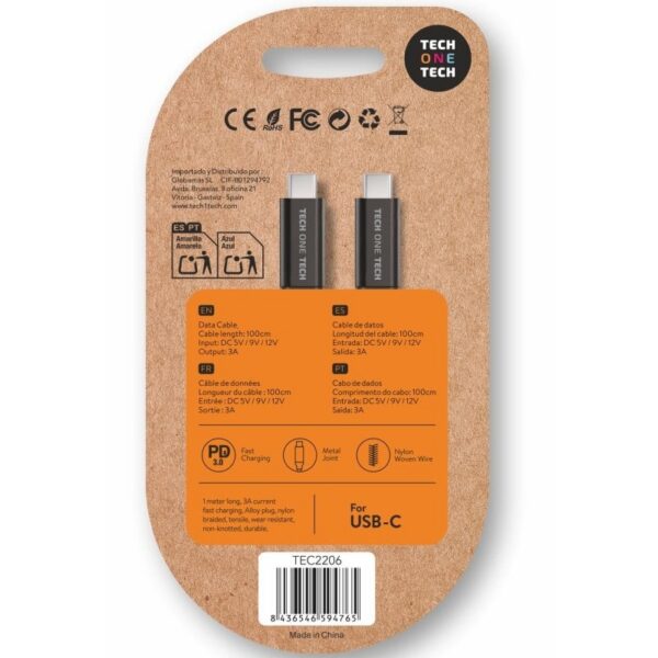 Cable USB 2.0 Tipo-C Tech One Tech TEC2206/ USB Tipo-C Macho - USB Tipo-C Macho/ Hasta 60W/ 480Mbps/ 1m/ Negro