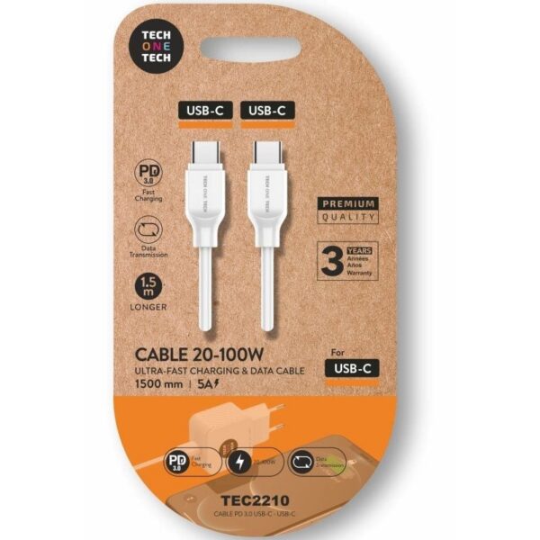 Cable USB 2.0 Tipo-C Tech One Tech TEC2210/ USB Tipo-C Macho - USB Tipo-C Macho/ Hasta 100W/ 480Mbps/ 1.5m/ Blanco