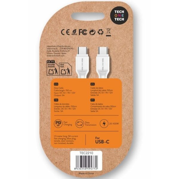 Cable USB 2.0 Tipo-C Tech One Tech TEC2210/ USB Tipo-C Macho - USB Tipo-C Macho/ Hasta 100W/ 480Mbps/ 1.5m/ Blanco