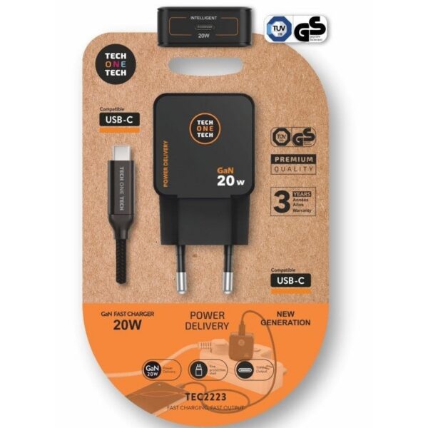 art_tot-car20tec2223_1 Cargador de Pared GaN Tech One Tech TEC2223/ 1xUSB Tipo-C + Cable USB Tipo-C/ 20W/ Negro