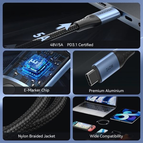 Cable USB 2.0 Tipo-C 5A Vention TREBD/ USB Tipo-C Macho - USB Tipo-C Macho/ Hasta 240W/ 480Mbps/ 50cm/ Azul y Negro