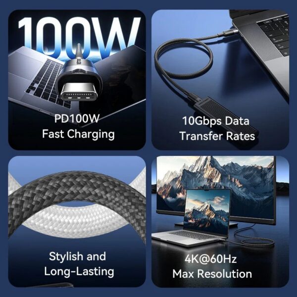 Cable USB 3.2 Tipo-C 5A Vention TRGBF/ USB Tipo-C Macho - USB Tipo-C Macho/ Hasta 100W/ 10Gbps/ 1m/ Negro