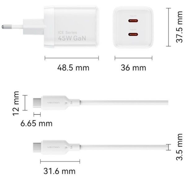 Cargador de Pared GaN Vention TZ-FCFB0-EU/ 2xUSB Tipo-C + Cable USB Tipo-C/ 45W