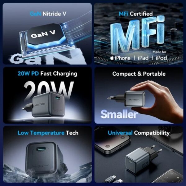 Cargador de Pared GaN Vention TZ-FEVH0-EU/ 1xUSB Tipo-C + Cable Lightning/ 20W