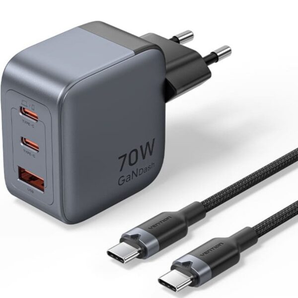 Cargador de Pared GaN Vention TZ-FEXH0-EU/ 2xUSB Tipo-C/ 1xUSB + Cable USB Tipo-C/ 70W