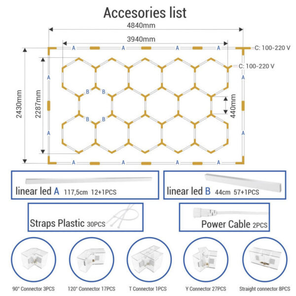 Lámpara LED hexagonal - 6000K - 14 hexágonos 44cm + Rectángulo 500cm