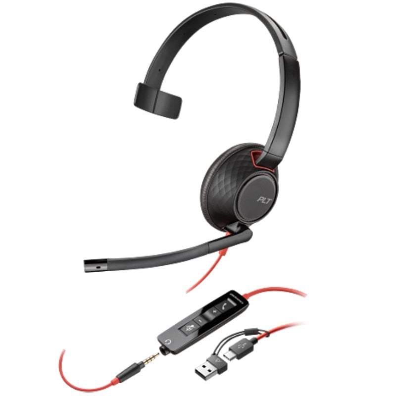 Auricular Poly Blackwire 5210 + Adaptador USB-C/A/ con Micrófono/ Jack 3.5mm/ Negro