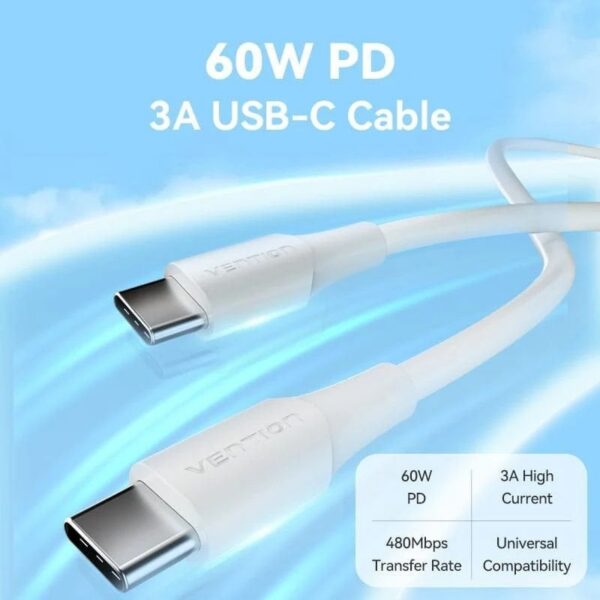 art_ven-cab20taxwd_2 Cable USB 2.0 Tipo-C 3A Vention TAXWD/ USB Tipo-C Macho - USB Tipo-C Macho/ Hasta 60W/ 480Mbps/ 50cm/ Blanco