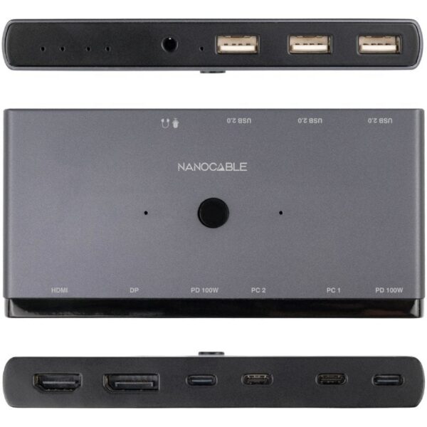 Switch Conmutador 8K Nanocable 10.12.0003/ 1x HDMI/ 1x DisplayPort/ 3x USB/ 2x USB Tipo-C/ 1x Jack 3.5mm/ 2x USB Tipo-C PD