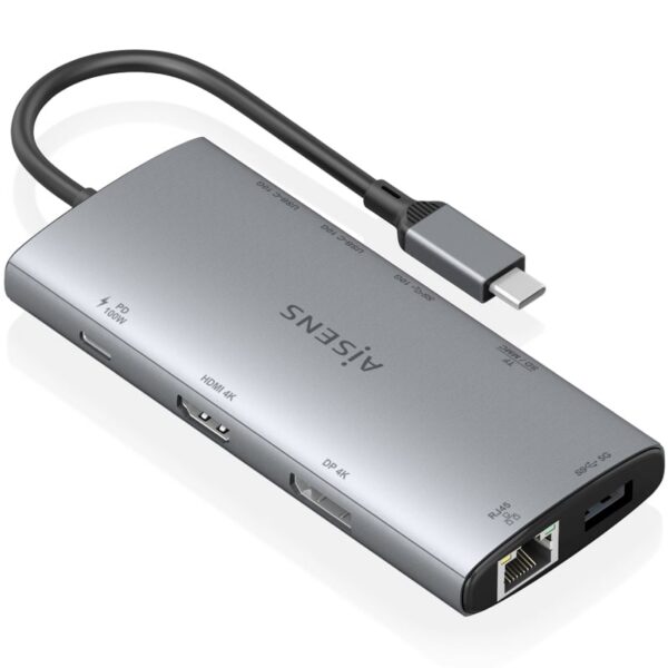 Docking USB Tipo-C Aisens ASUC-10P050-GR/ 1xDisplayPort/ 1xHDMI 4K/ 1xRJ45/ 2xUSB/ 2xUSB Tipo-C/ 1xUSB Tipo-C PD/ 1xLector de Tarjetas/ Gris