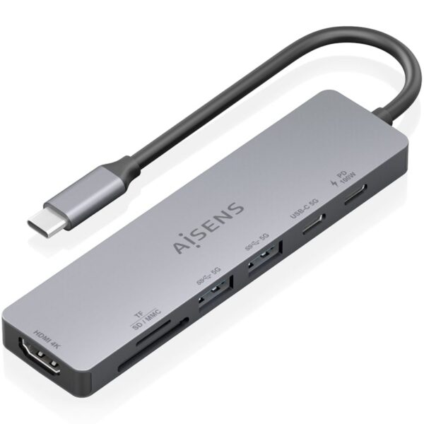 Docking USB Tipo-C Aisens ASUC-7P048-GR/ 1xHDMI 4K/ 2xUSB/ 1xUSB Tipo-C/ 1xUSB Tipo-C PD/ 1x Lector de Tarjetas/ Gris