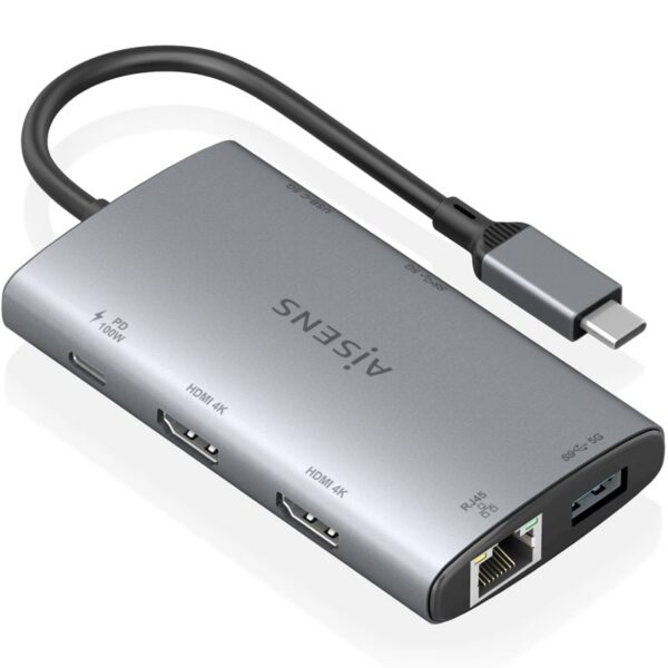 Docking USB Tipo-C Aisens ASUC-7P049-GR/ 2xHDMI 4K/ 1xRJ45/ 2xUSB/ 1xUSB Tipo-C/ 1xUSB Tipo-C PD/ Gris