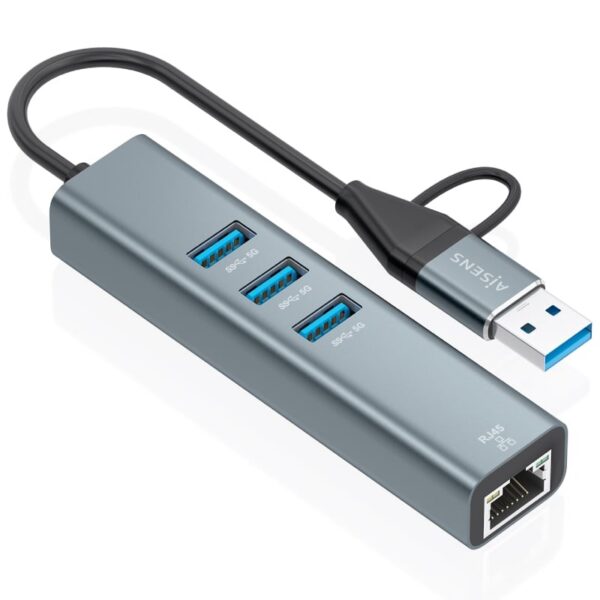 Hub USB + USB Tipo-C 3.2 Aisens A109-1033/ 3xUSB/ 1xRJ45/ Gris