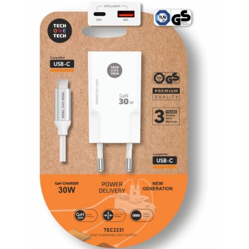 art_tot-car20tec2231_1 Cargador de Pared Tech One Tech TEC2231/ 1xUSB Tipo-C/ 1xUSB + Cable USB Tipo-C/ 30W/ Blanco