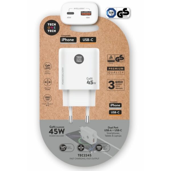 art_tot-car20tec2245_1 Cargador de Pared GaN Tech One Tech TEC2245/ 1xUSB Tipo-C/ 1xUSB/ 45W